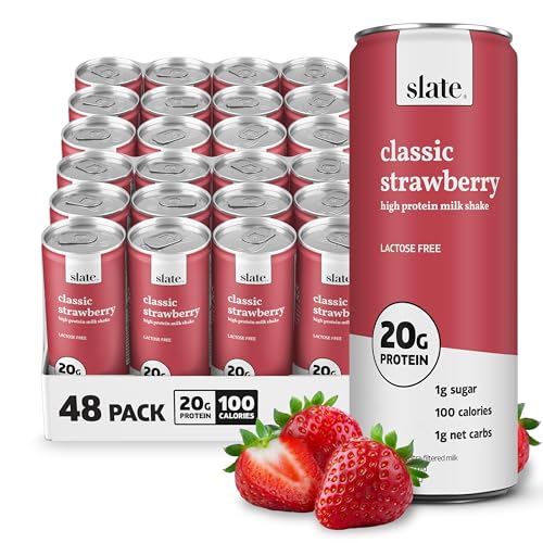Image of Slate Milk - High Protein Milk Shake - Classic Strawberry - Lactose Free, 20g Protein, 1g Sugar, 100 Calories, 1g Net Carbs, No Added Sugar - Natural, Breakfast Boost, Post Workout - 11 fl oz, 48 Cans