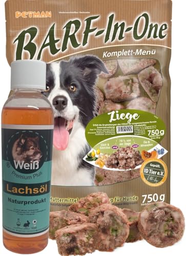 petman Barf-in-One Ziege, 7 x 750g-Beutel, + 100ml Weiß-Premium Lachsöl Tiefkühlfutter, gesunde, natürliche Ernährung für Hunde, Hundefutter, Barf, B.A.R.F.