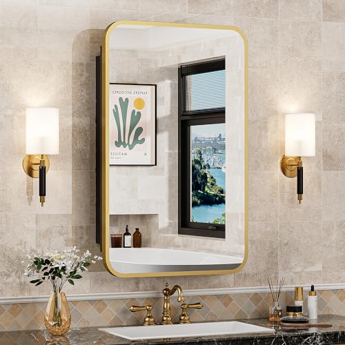 Photo 1 of 16x24 Inch Mirror Medicine Cabinet for Bathroom Gold Metal Frame Bathroom Medicine Cabinet with Mirror Recessed or Wall Mounted