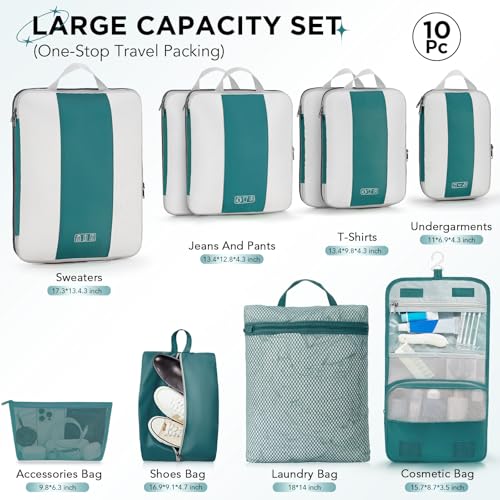 Image of OlarHike 10-Pack Compression Packing Cubes for Travel Essentials,Compressible Expandable Packing Cubes for Suitcase,Luggage Garment Bags for Travel,Handy Helper for Organizing Clothes(Dark Blue Green)