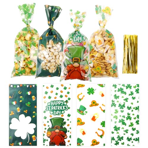 St. Patrick's Day Cellophane Treat Bags, 100PCS St. Patrick's Day Cellophane Bags, Green Lucky Shamrock Candy Bags Goodie Bags Gift Bags with 100PCS Twist Ties for St. Patrick Day Irish Party Supplies