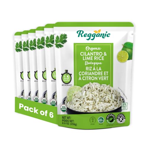 Image of Regganic Organic Cilantro & Lime Rice - USDA Organic Ready to Eat Rice, 8g Protein & 6g Fiber per Pouch, Microwave Rice Ready in 1.5 Minutes, Vegan Gluten-Free Non-GMO, 8.8 oz Pack of 6