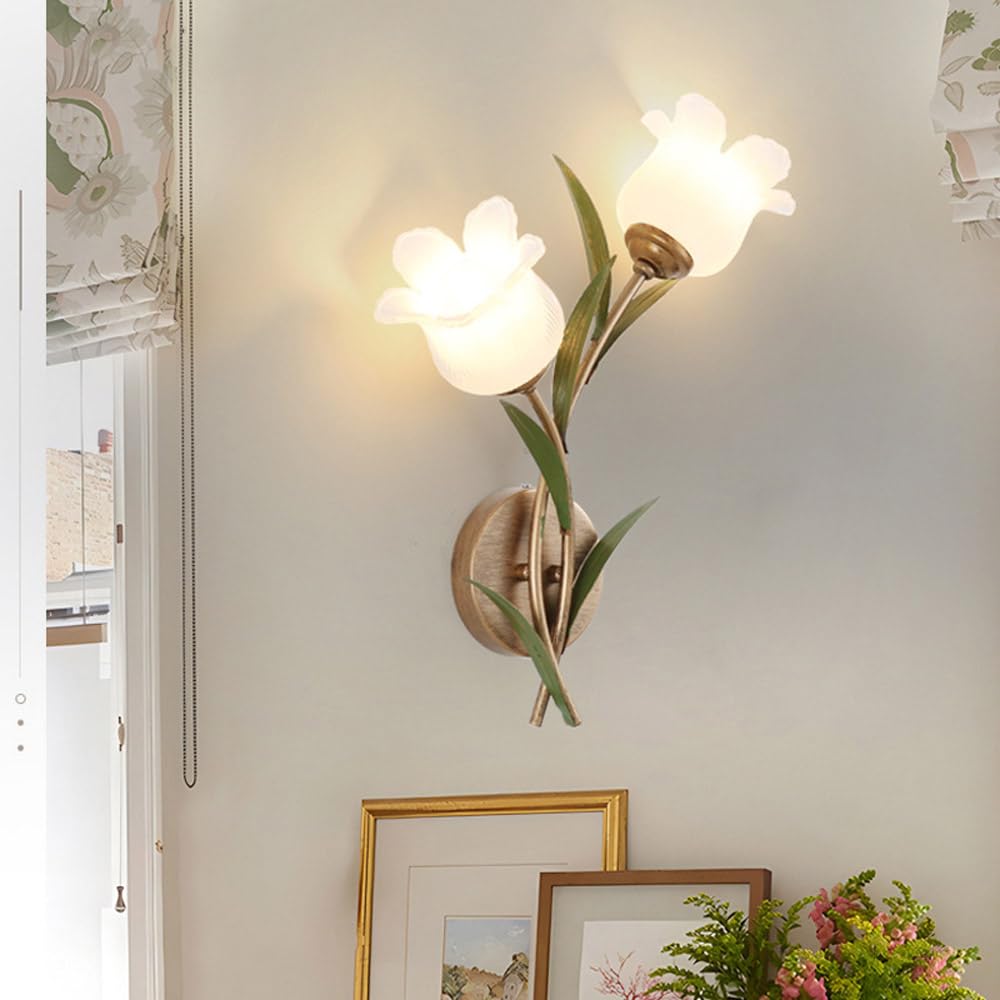 Applique da Parete e Applique a Forma di Fiore, Lampada a 2 luci con Paralume Floreale in Vetro Satinato, Lampada da Comodino, lampadario in Stile Rustico Antico per Camera da Lett