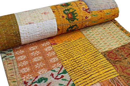Indian-Shoppers Colcha de seda amarilla india hecha a mano de seda kantha colchas manta hippie reversible decoración acolchada a mano tamaño individual o individual manta bohemia dormitorio Gudri Cover