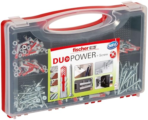 fischer Red-Box DuoPower + Schraube, Sortimentsbox, 280-teilig mit Schrauben & DuoPower Dübeln in verschiedenen Größen, vorsortiertes Set für zahlreiche Baustoffe und Befestigungen