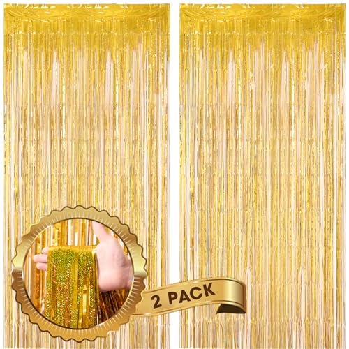 Image of Voircoloria 2 Pack Laser Gold Foil Fringe Backdrop Curtains, Tinsel Streamers Birthday Party Decorations, Fringe Backdrop for Graduation, Baby Shower, Gender Reveal, Disco Party