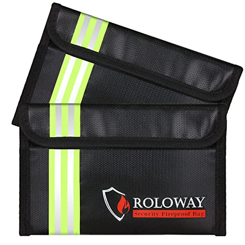 Image of ROLOWAY Small Fireproof Bag (5 x 8 inches) with Reflective Strip, Fireproof Money Bag for Cash, Valuables, Passport, Currency & Keys (2-Pack Black)