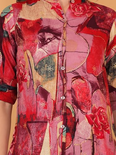 Image of FIMS - Fashion is my style Rayon Abstract Printed Short Kurti for Women, Tunics Tops, Ethnic Wear for Office, Flared, Mandarin Collar V Neck, Roll-Up Sleeves, Summer Wear, Ideal Gift for Girls