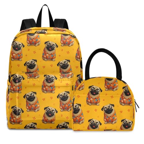 Tropical Pug Print Backpack Set with Lunch Bag, Large Capacity Travel Backpacks and Lunch Box Insulated for Commute Hiking Picnic