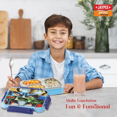 Image of JAYPEE Toon Box 3 Marvel Series Power Avengers Inner Stainless Steel Insulated 3 Cavity Lunch Box for School Kids |Airtight Leakproof Tiffin Box with 2 Additional Lock|100% Food Grade|625 ml, SkyBlue