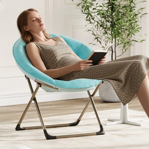 Comfy Saucer Chairs, Blue Folding Reading Lounge Chair, Cozy Faux Fur Living Room Chair with Soft Thick Padded Seat & Metal Frame, Modern Style Bedroom Home for Kids Adults, X-Large, Gold Legs