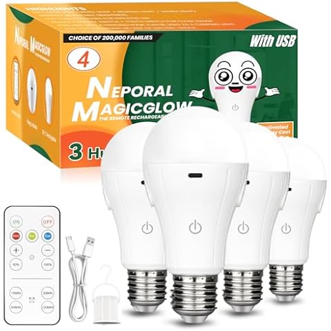 Neporal MagicGlow USB Rechargeable Light Bulbs with Remote, 3-Color Shift + 10%-100% Dimmable, Up to 20 Hours Battery Powered Light Bulb, 15W A19 LED Rechargeable Light Bulbs for Lamps with No Outlet Cover
