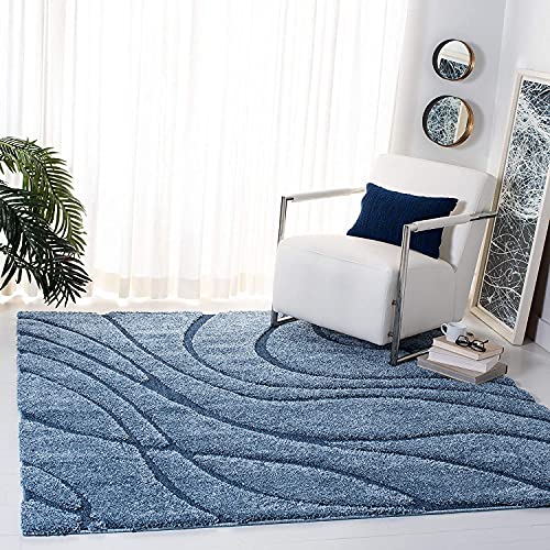 Image of Geometric Wave Shaggy Carpet for Living Room, Bedroom, High Low Design Finish Microfiber 1.8 Inch Pile High, 8x10 Feet Royal Blue|Blue Color
