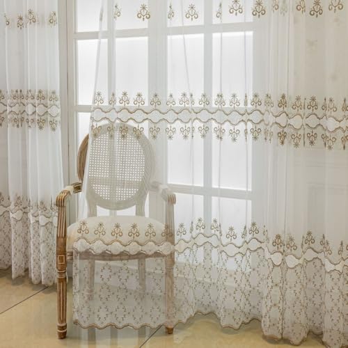 KEKUYA Cortinas Salon 2 Piezas 132x213cm Cortina para Ventana Dormitorio Translúcidas Visillos Paneles con Ojales de Salon Habitacion Modernas,Flores Bordadas