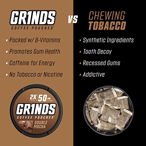 Grinds Coffee Pouches | 6 Cans Of Double Mocha | Tobacco Free, Nicotine Free Healthy Alternative | 18 Pouches Per Can | 1 Pouch Eq. 1/4 Cup Of Coffee (Double Mocha) #TOP3