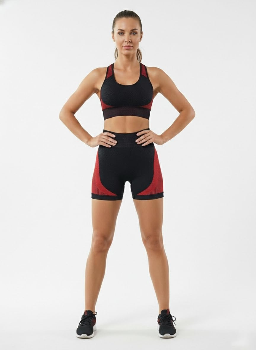 Women's Seamless Sports Bra and Shorts Set, Black and Blue, Textured Knit, Racerback, High Waisted, Activewear-image-20