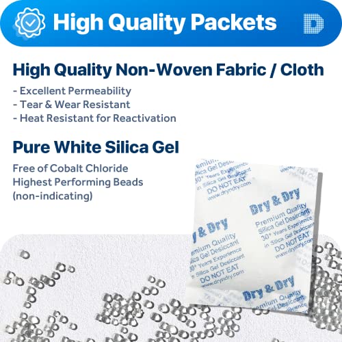 Dry & Dry 50 Gram [20 Packets] Premium Pure & Safe Silica Gel Packets Desiccant Packs - Rechargeable Fabric Silica Packets, Moisture Absorbers, Silica Gel #TOP1