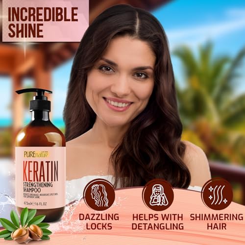 Image of PURE NATURE LUX SPA Keratin Shampoo - Sulfate Free, Strengthening Formula - Repair Damaged and Dry Hair - Products for Women and Men - For Thinning Hair - 16 Fl Oz
