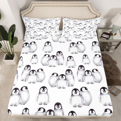 Penguin Bedding Set Twin Size for Kids Boys Girls Antarctic Animal Sheet Set Cartoon Style Penguin Illustration Fitted Sheet for Children Teens Adult Grey White and Black Bed Sheets(No Top Sheet)