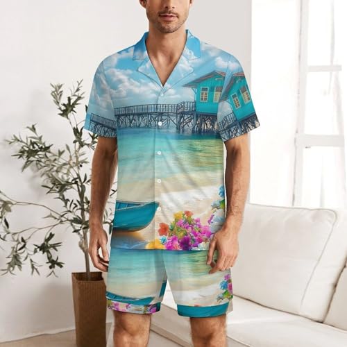 Landscape Beach Sail Boat Mens Pajamas Set Short Sleeve Shirt And Shorts Sleepwear PJ Sets Loungewear2