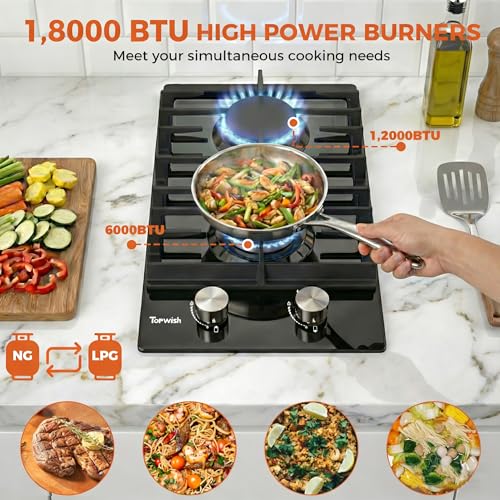 Image of TOPWISH 12 Inch Gas Cooktop 2 Burner, Propane Stove Top 18,000 BTU Black Tempered Glass LPG /NG Convertible Dual Fuel Built-in Natural Hob with Thermocouple Protection for Rvs Kitchens Apartment Indoor