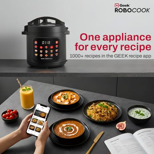 Image of Geek Robocook Nexa V6 Automatic Electric Pressure Cooker | 12 Indian Menus | SenseTouch Display | Rice, Biryani, Dal, & More | SafeClamp 360 10-Layer Safety | Stainless Steel Pot (6 Litre | Black)