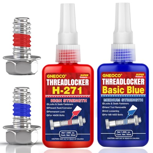 ThreadLocker Blue and Red, Thread Lock Medium and High Strength Lock Tight for Nuts, Bolts, Fasteners and Metals, Anaerobic Curing Metal Glue to Prevent Loosening and Corrosion (Blue and Red 50ml x 2)
