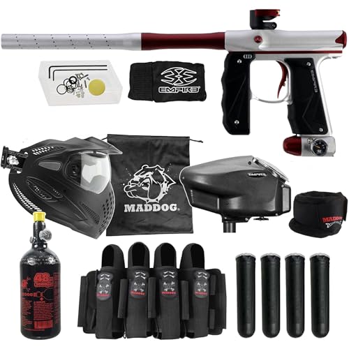 Image of Maddog Empire Mini GS Full Auto Paintball Gun Marker w /HPA Tank, Empire Halo Too Loader, Thermal Anti-Fog Paintball Mask Goggle, Neck Protector, 4+3 Harness & (4) Pods Starter Package Silver /Red