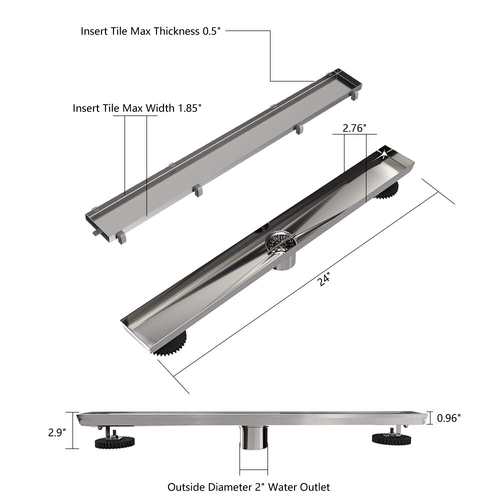 Buy USHOWER 24Inch Tile Insert Grate Linear Shower Drain, 304