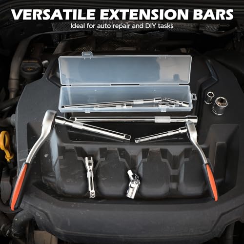 Image of 9-Piece Socket Extension Bar Set, 1 /4 inch & 3 /8 inch Drive Ratchet Extensions 2 inch, 3 inch, 4 inch, 6 inch, 8 inch & 10 inch with Universal Joints, CR-V Steel for Tight Spaces