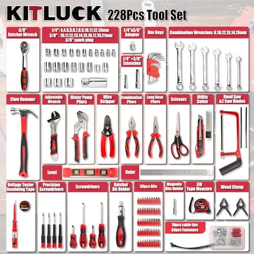 Image of KITLUCK 228-piece Home Tool Kit, Household Hand Repair Tool Set for men, Portable Tool box Set with Tools (Screwdriver, Wrench, Plier, Socket, Harmer, Hex Key, Rule, Saw, Knife, etc.) for Home and Car