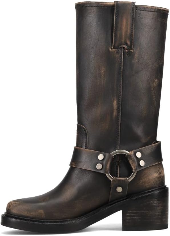 Frye Kate Harness 11" Mid-Calf Leather Boots - Square-Toe Black Harness - 2” Block Heel Lift - Cushioned Comfort Footbed - Motorcycle Boots for Any Outfit - Soft Leather Lining for Comfort