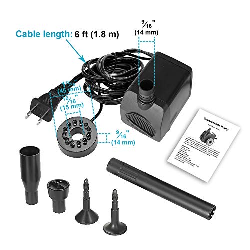 Water Fountain Pump 140GPH with 3 Sprinkler Heads Outdoor Submersible Birdbath Pump (15W; 4 Colors Light Ring, Telescopic Tube)