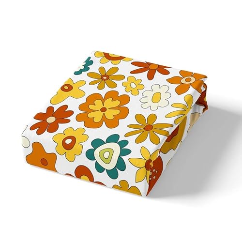 70S Retro Flowers Fitted Sheet,Vintage Autumn Floral Bed Cover All-Round Elastic Deep Pocket For Kids Boys,Wavy Geometric Hippie Soft Microfiber Bed Sheet(1 Pillow Sham), Twin Size #TOP3