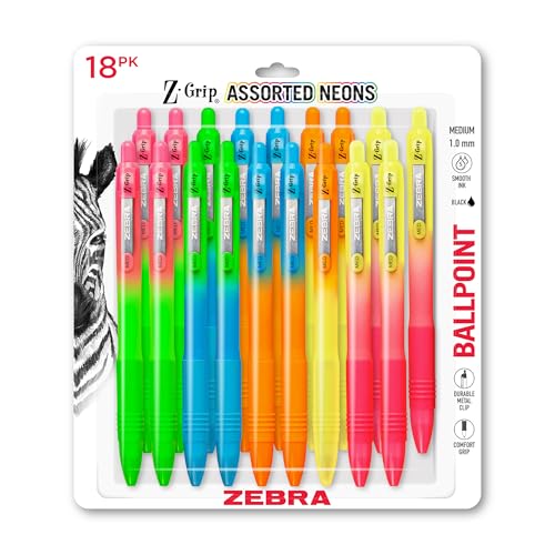 Image of Zebra Pen Z-Grip Ombre Neon Retractable Ballpoint Pen, Black, 1.0mm, 18-Pk | Smooth Writing, Medium Point Tip, Ideal for Planners, Note-Taking, School and Office Supplies, and Everyday Writing (23018)