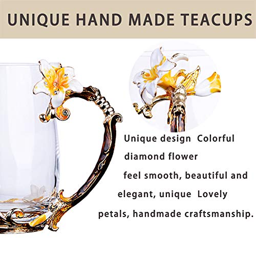 Tea Cup Coffee Mug Cups, Mother's Day Gifts, Creative Lily Flower Glass Tea Cup, Handmade Tea Mug, Unique Personalized Birthday Present Ideal for Friend Wedding Anniversary Birthday - 13OZ Yellow