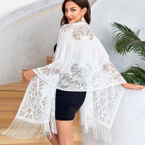 Image of SANNIDHI Lace Scarf Shawl with Tassel, Sheer Soft Mesh Fringe Wraps White Floral Long Shawl for Female Evening Party Dresses (180x65cm)