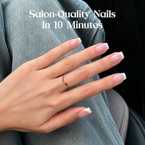 Image of Beetles Pink French Tip Press on Nails - Short Square, 64 PCS 16 Sizes | Nail Glue & Adhesive Tabs, Salon-Quality Natural Nails, 10-Minute Easy Daily Application, All-in-One Complete Kit