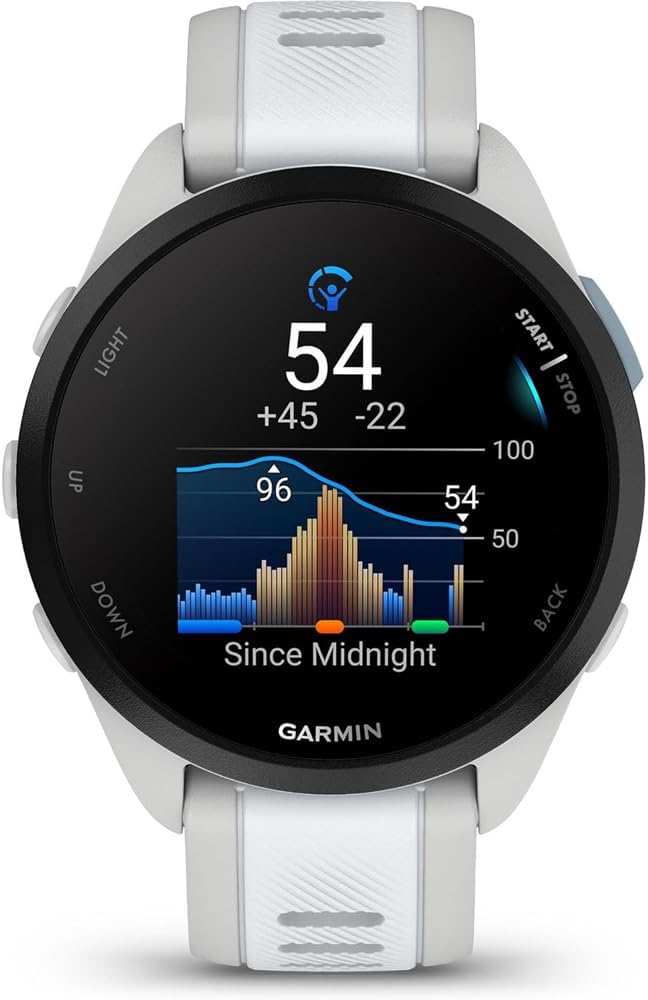 Garmin Forerunner 165 Music Smart Sport Watch, Mist Gray + Whitestone with HRM 200 Heart Rate Monitor Strap (XS-S) Bundle with Deco Essentials Collapsable Water Bottle