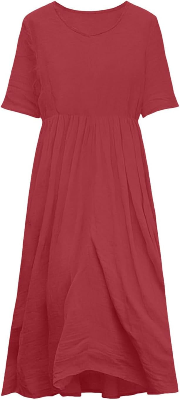 Womens Summer Dresses Cotton Linen Plus Size Short Sleeve Crew Neck Casual Midi Dress Trendy Beach Vacation Clothes