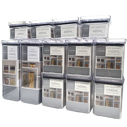 Kit 12 Potes Mantimentos Hermético Quadrado Empilhável Cozinha Acrílico 2unis 2,2L + 6unis 1L + 4uni