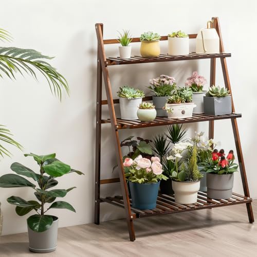 NAYIV フラワースタンド 木製 折りたたみ式 3段 室内 花台 長さ70cmx幅40cmx高さ96cm 安定性と大容量 観葉植物 台 植物 棚 バルコニーリビングルームのフロアスタンドフラワースタンド (ブラウン)