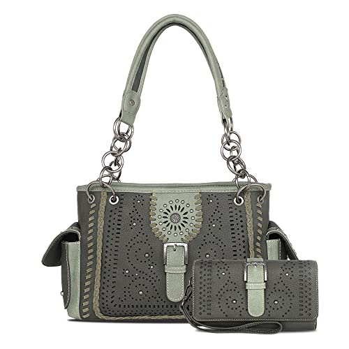 Montana West Western Buckle Collection Satchel Bag Vegan Leather Cut-Out Design Tote Handbag For Women Mbb-Mw1109G-8085Gn+W #TOP21