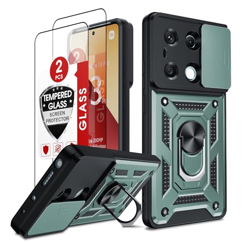 LeYi Funda para Xiaomi Redmi Note 13 Pro 4G/Poco M6 Pro 4G（No para 5G con [2-Unidades] Cristal Vidrio Templado, Carcasa Cubierta de cámara Deslizante Proteger Anillo Soporte Silicona Case, Verde