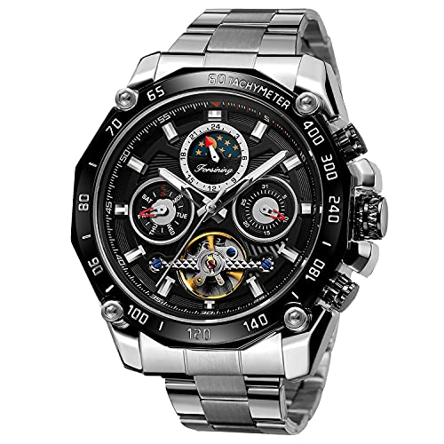 Forsining Mens Tourbillon Automatic Mechanical Self-Wind Luxury Moon Phase Stainless Steel 44mm Big Black Dial Wrist Watch, Silver Band Black dial