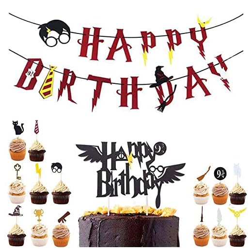 Grattis på födelsedagen banderoll, grattis på födelsedagen festtillbehör, trollkarlsfesttillbehör, trollkarl tårtdekoration, Harry Potter cupcake toppers, för födelsedagsfest, trollkarl firande