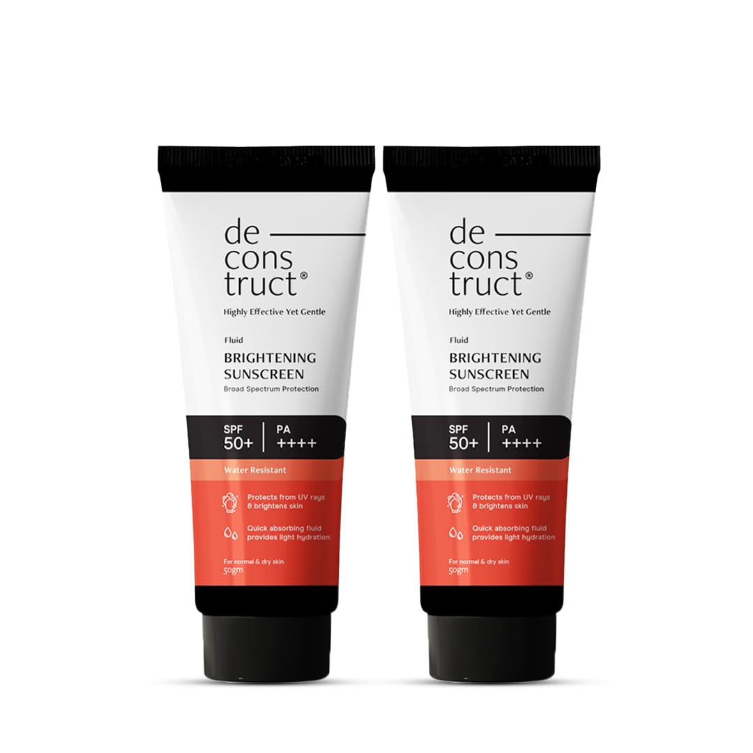 Deconstruct Dry Brightening Fluid Sunscreen SPF 50+ with Niacinamide | Lightweight, Hydrating & Dewy | UVA/UVB Protection | 8-Hour Wear, Water-Resistant, No White Cast | 50g | Pack of 2