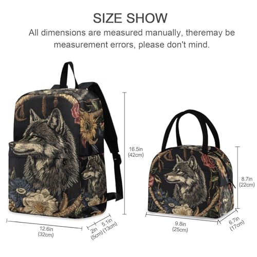 Backpack Lunch Bag Set Wolf Flowers Print, Big Storage Travel Backpacks with Insulated Lunch Box for Office Hiking Picnic2