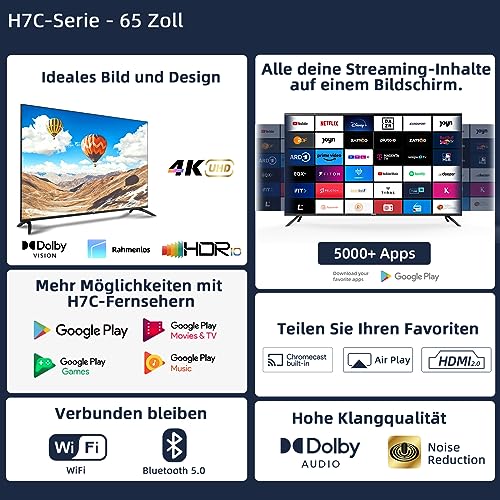 CHIQ 65 Zoll Smart Fernseher,4K UHD TV, Dolby Vision,Android 11,HDR10,DBX-tv, Quad Core,Chromecast,Bluetooth, Google Assistant,Netflix, Prime Video, HDMI/USB/CI+,WiFi,Triple Tuner(DVB-T2/T/C/S2) – Bild 3