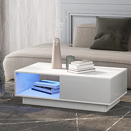 OKMYHOME Table Basse - Table Basse LED Haut Brillant avec Plateau MDF laqué pour Salon Moderne,...
